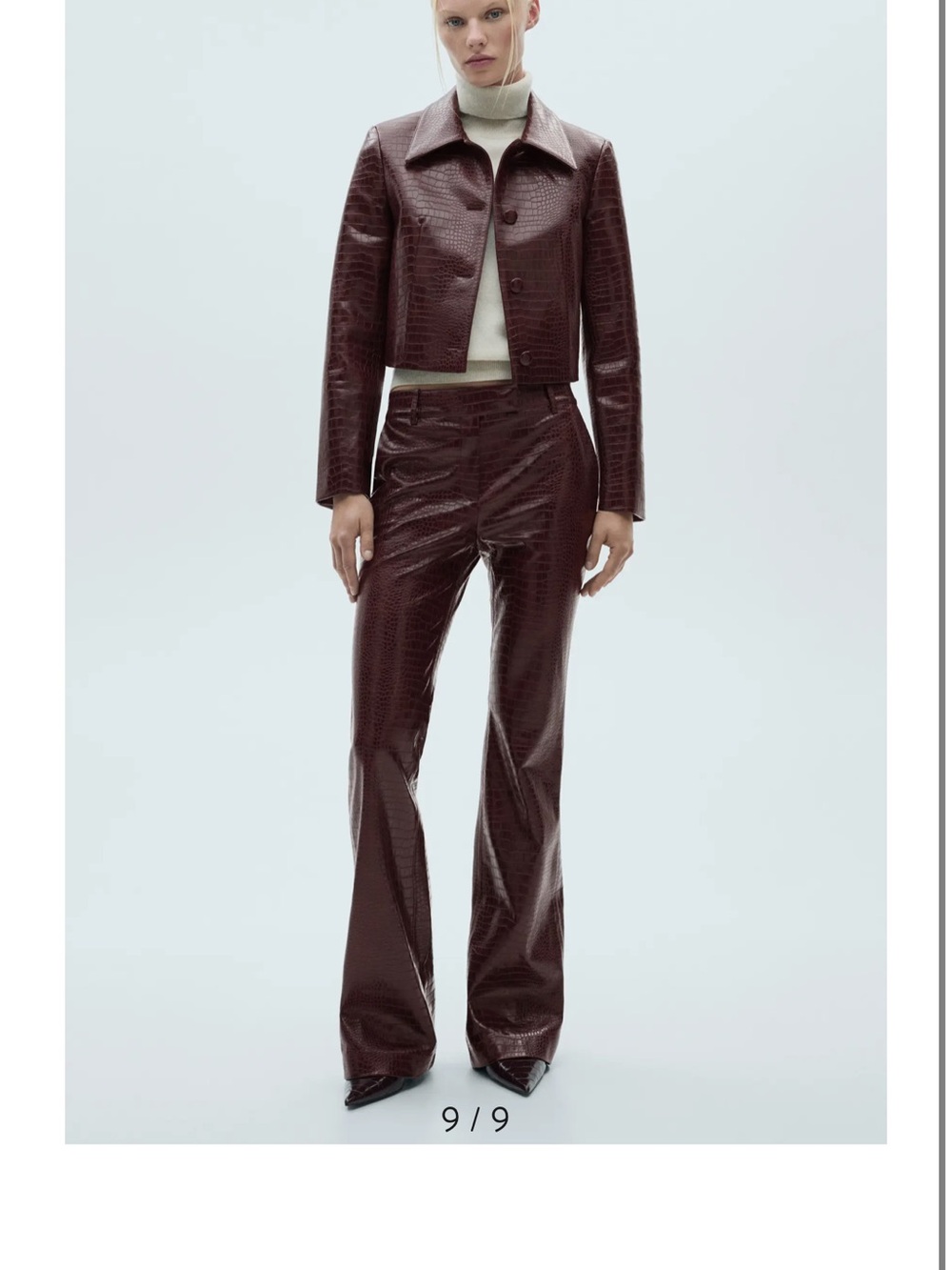 Mango Cropped Croc-Embossed Jacket and Flared Pants in Dark Burgundy